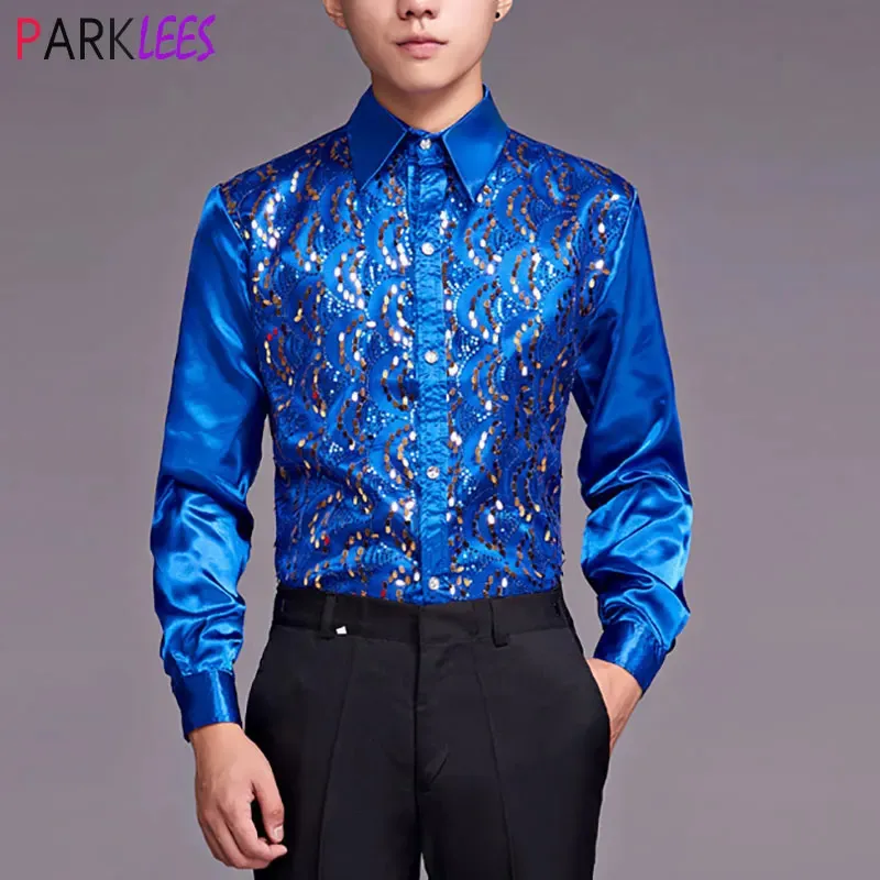 Chemises décontractées pour hommes Brillant Royal Blue Sequin Satin Hommes Chemises habillées à manches longues Slim Fit Glitter Nightclub Chemise Hommes Party Stage Prom Chorus Chemise 231130