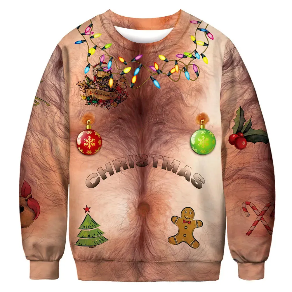 Męskie swetry rok Cosplay Świąteczny sweter Mężczyźni do ubrania Włosy na piersi Zabawne luźne pullover 3D Cartoon Cartoon Tops Jersey Moletom 231130