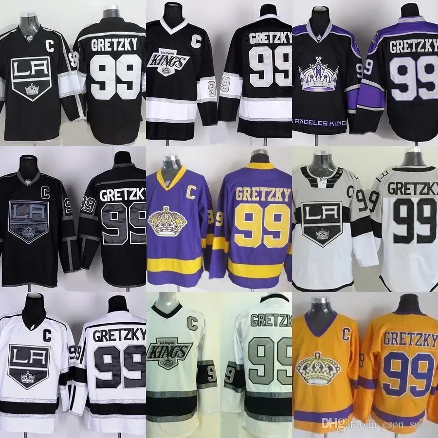 Fabrika Outlet Erkekler Los Angeles Kings 99 Wayne Gretzky Siyah Mor Beyaz Sarı 100% Stittched Ucuz En Kaliteli Buz Hokey Forması