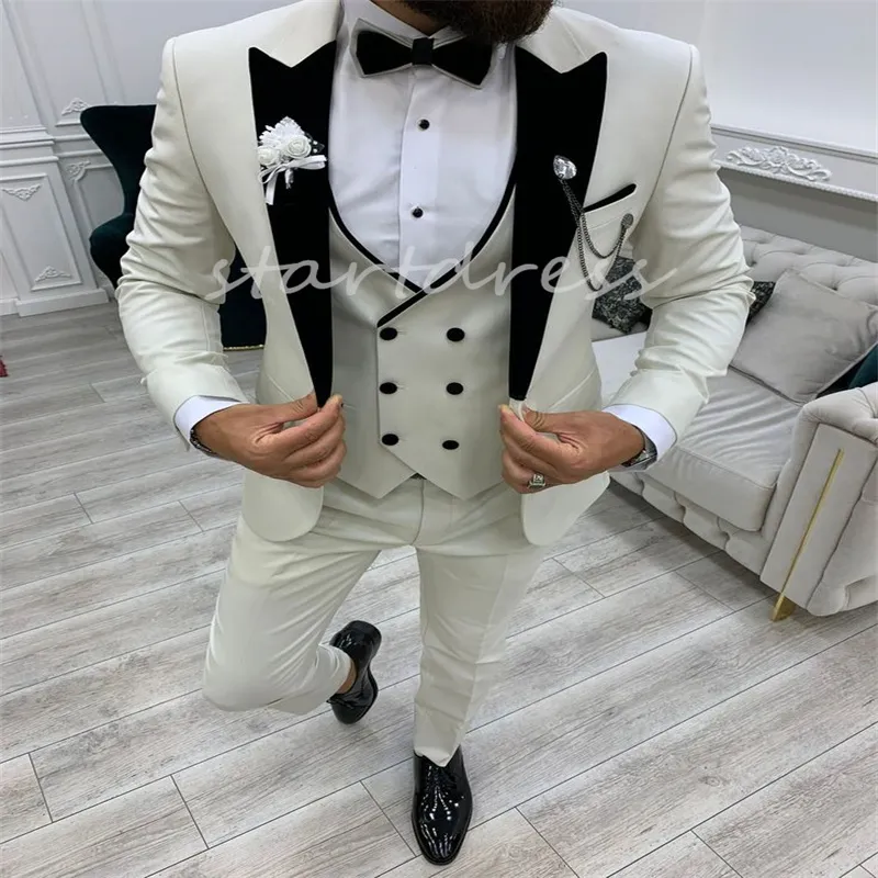 Białe smoking ślubny na płaszcz z pary modyfikową kamizelkę spodnie Slim Fit Suibum Wedding Cuur