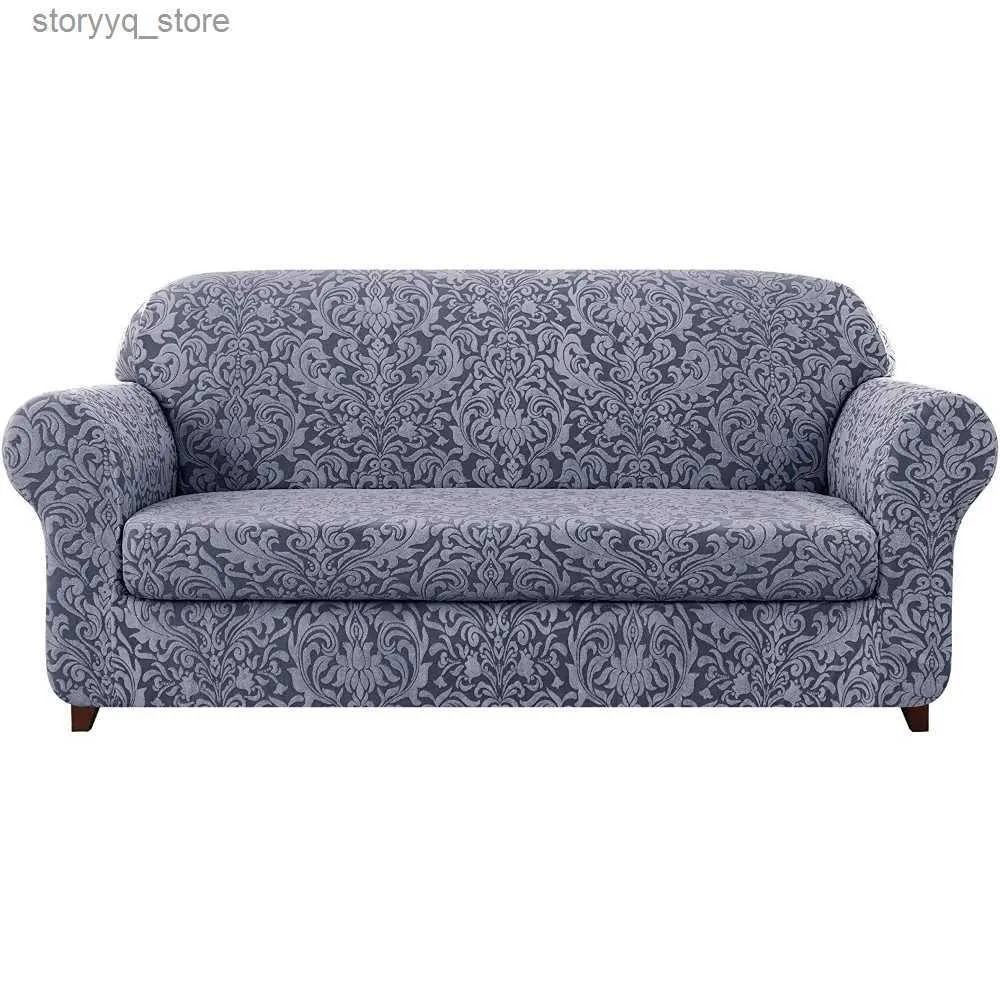 Chair Covers Stretch 2-Piece Jacquard Damask Sofa Slipcover Greyish Blue Covers for Living Room Couch s Q231130