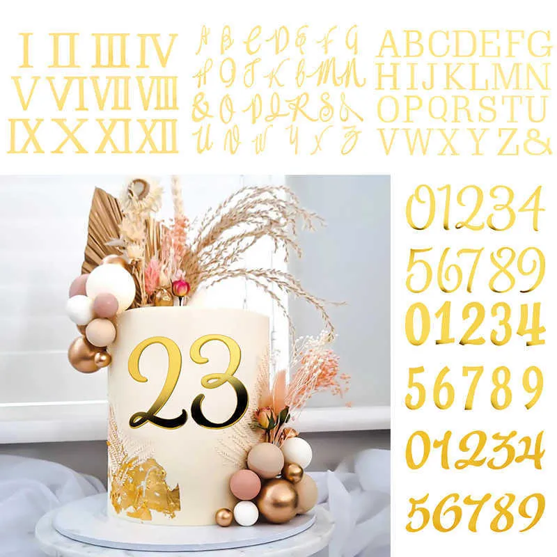 Golden Mirror Acrylic Uppercase English Letter Cake Topper Love Heart Birthday Cake Decoration Wedding Dessert DIY Cake Toppers