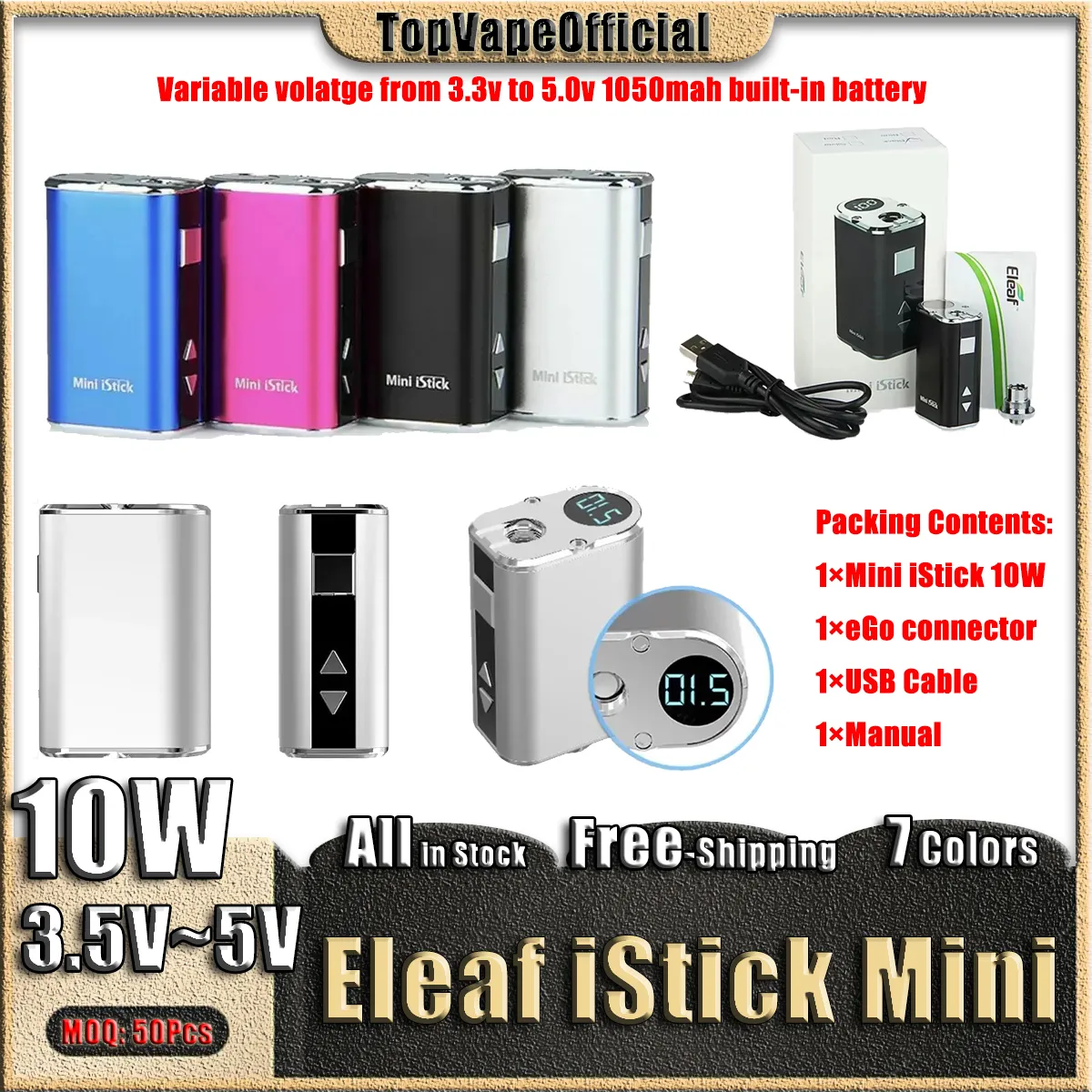 Kit de batterie IVape Eleaf Mini iStick 10W Mod de boîte à tension variable 1050mAh intégré avec câble USB Connecteur eGo inclus Cook