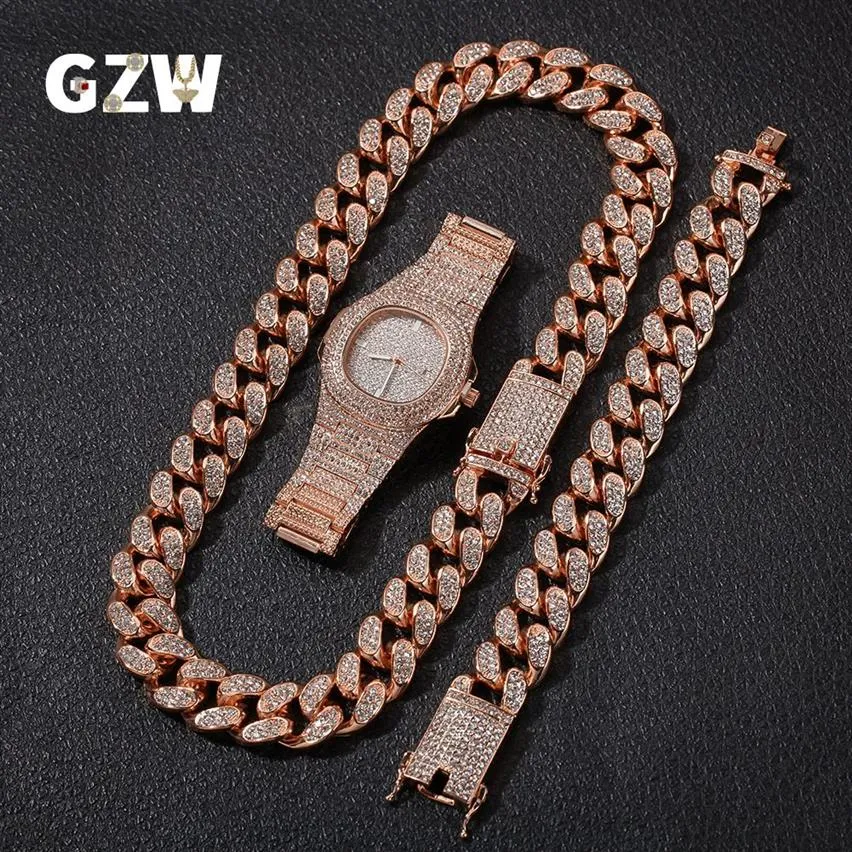 New Fashion Personalized 20mm Gold Blingbling Mens Cuban Link Chain Necklace Bracelet Watch Set Hip Hop Rapper Jewelry Gifts for M244f