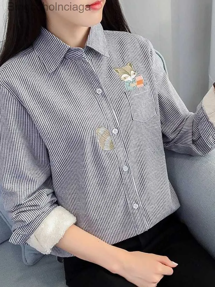 女性のブラウスシャツ新しい2021年秋の冬Feプラスベルベットの濃厚な刺繍されたトップ