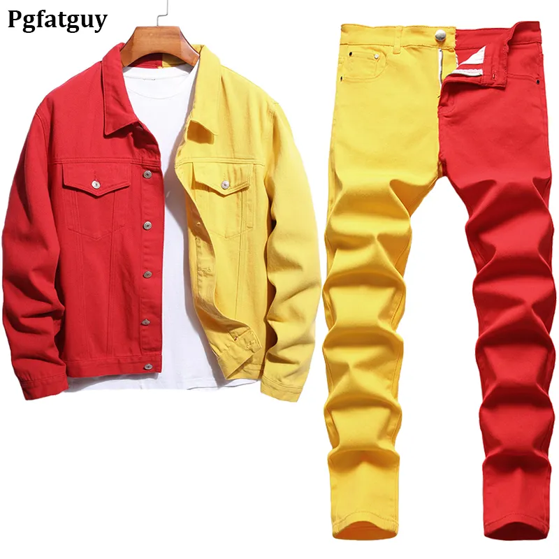 Couture Couleur Survêtement Automne Moitié Rouge/Jaune Ensembles Pour Hommes Veste En Jean À Manches Longues + Jeans Slim Stretch Ensemble Deux Pièces Conjuntos de hombres