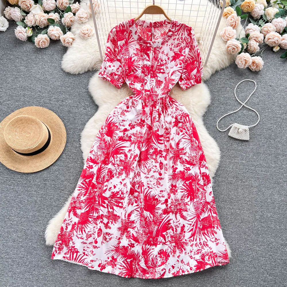 Casual Dresses 2023 Flower Print A-Line Dress Women's Summer New Fashion Round Neck Short Sleeve French Closed Clothes Vestidos