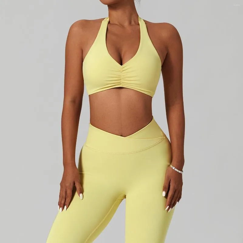 Ensembles actifs femmes Fitness Yoga ensemble vêtements d'entraînement sans couture deux pièces soutien-gorge de sport accrocher cou Sexy dos Gym course haut court Leggings