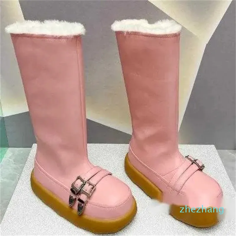 Pink Snow Boots Womens Boot Knee High Cowhide Wool Boots Söta skor för kvinnor svart silver