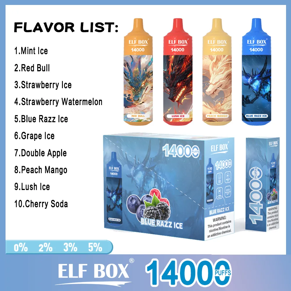 Original ELF BOX 14000 Puffs Einweg-E-Zigarette 600 mAh wiederaufladbarer Akku 10 Geschmacksrichtungen 2 % 5 % Kapazität Spule OEM VAPE Pen Ske BANG Box ELF