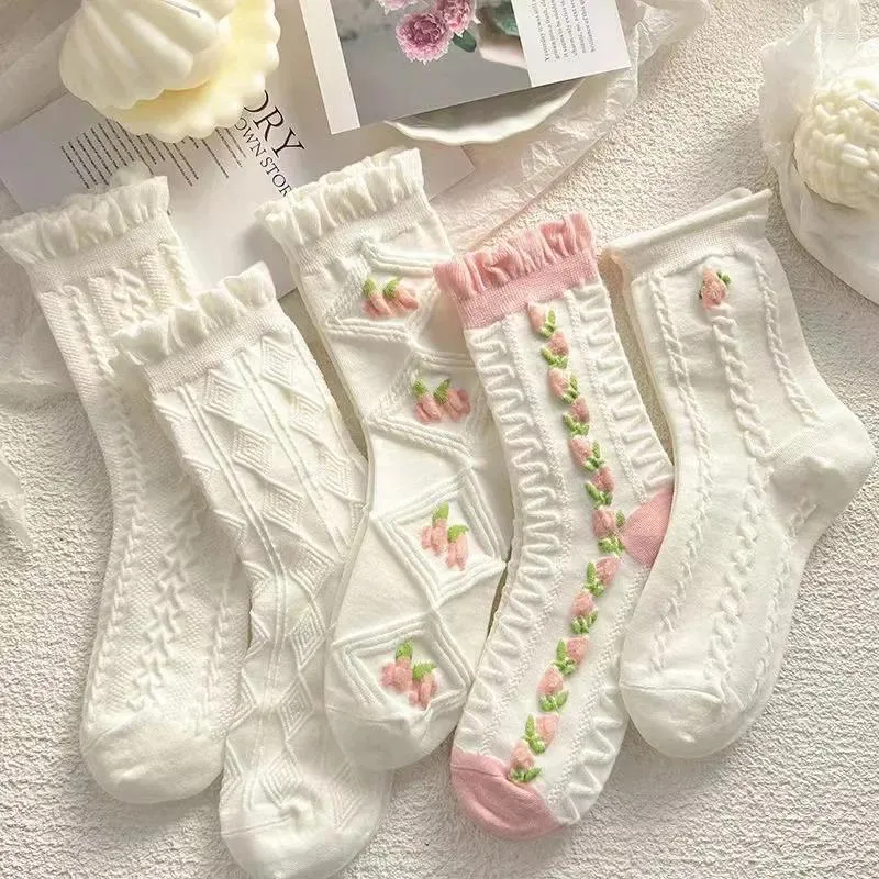 Chaussettes pour femmes, 5 paires, ensemble mignon Harajuku blanc pour femmes, dentelle en coton rose, Style printemps et été avec volants