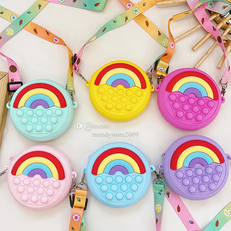 Cartoon Silikon Mädchen Umhängetasche Pop Tasche Zappeln Mädchen Spielzeug Push Blasen Squeeze Spielzeug Münze Taschen Regenbogen Macaron Farbe