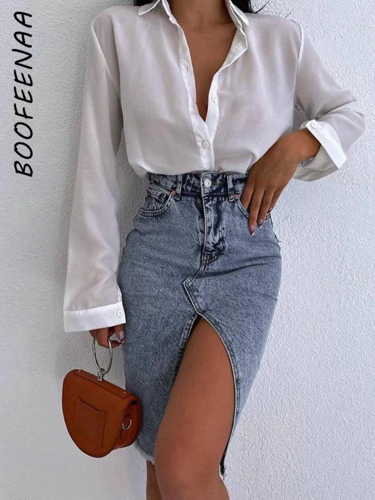 Skirts BOOFEENAA Irregular Denim Womans Clothing Asymmetrical High Waisted Slit Blue Jean Midi Skirt Fashion 2023 C69-DZ29