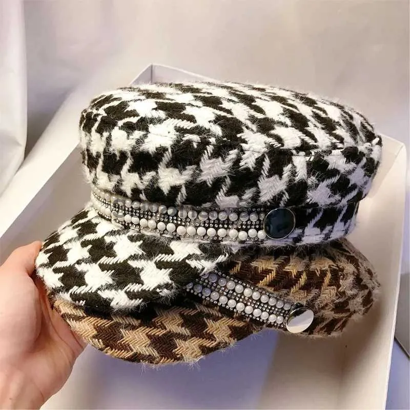 Ballkappen 2022 Frühling Herbst Vintage Damen Achteckige Kappe Lässig Plaid Rhainstone Visiere Zeitungskappe Dame Mode Militärhut Feeme J231130