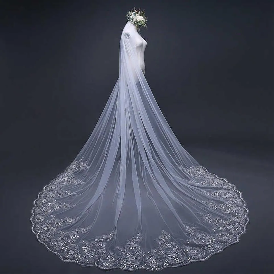 3 4 5 metri Veli da sposa cattedrale bianco avorio Lungo bordo in pizzo Velo da sposa con pettine Accessori da sposa Sposa Veu Velo da sposa X02131