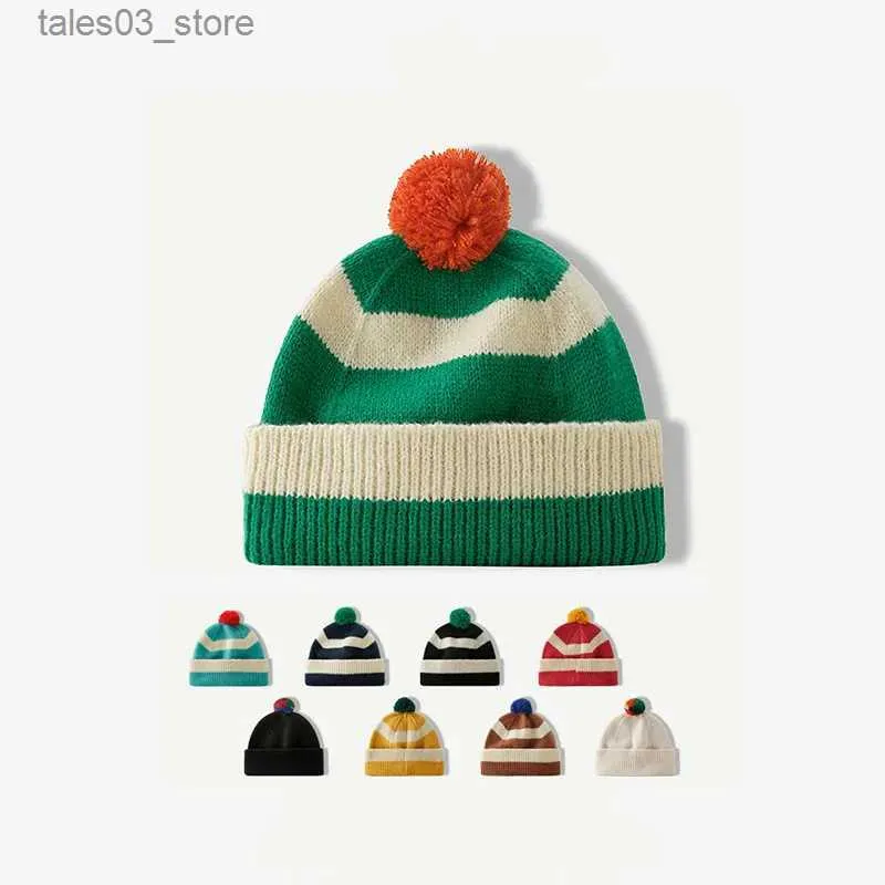 Beanie/Skull Caps High-end Striped Contrasting Knitted Hat Women Autumn Winter Korean Couple Versatile Wool Beanie Hat with Ball for Men Q231130