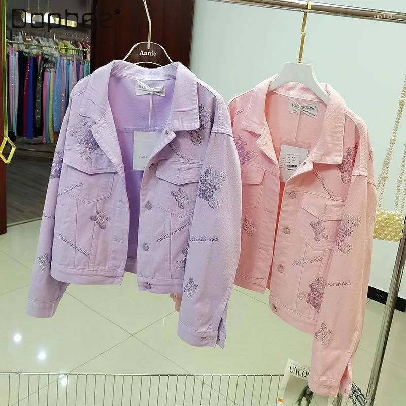 Kvinnors jackor Anpassade högkvalitativa Rhinestone Candy Color Jean Jacket Kvinna 2023 Spring Single-Breasted Denim Coat Kortkläder