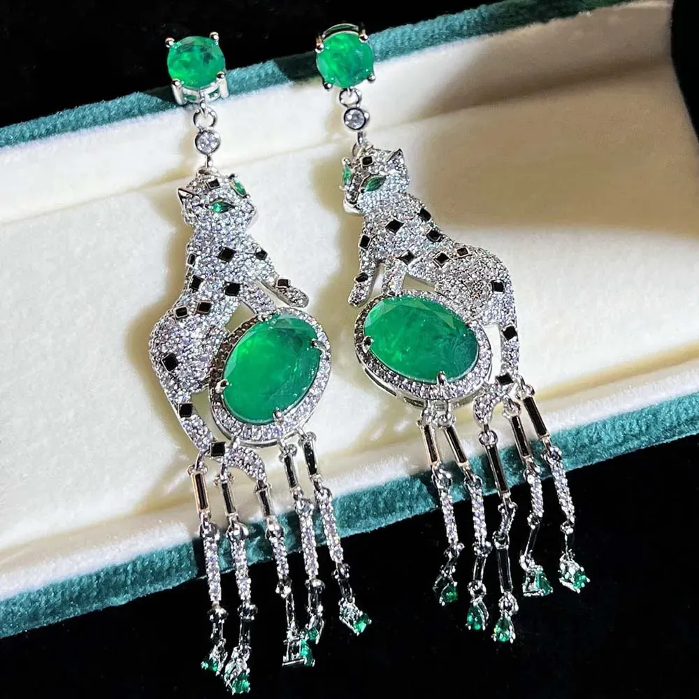 Ensembles de bijoux de mariage longues boucles d'oreilles léopard gland vert émeraude pierre chaîne de tennis panthère colliers anneaux pour femmes designer ensemble de bijoux en cuivre 231130