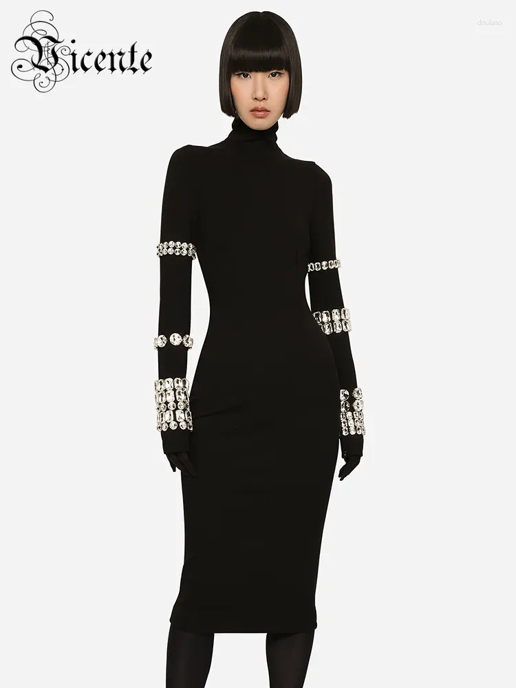 Casual Dresses VC Luxury Party For Women Long Sleeve Gloves With Crystal Bandage Black Midi Dress Evening Gowns Autumn Winter