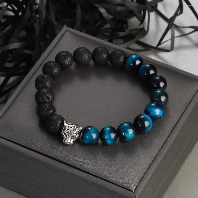 STRAND 10 mm kralen Bracelet mode natuurlijke tijger oogsteen zilveren kleur luipaard hoofd voor vrouwen mannen sieraden