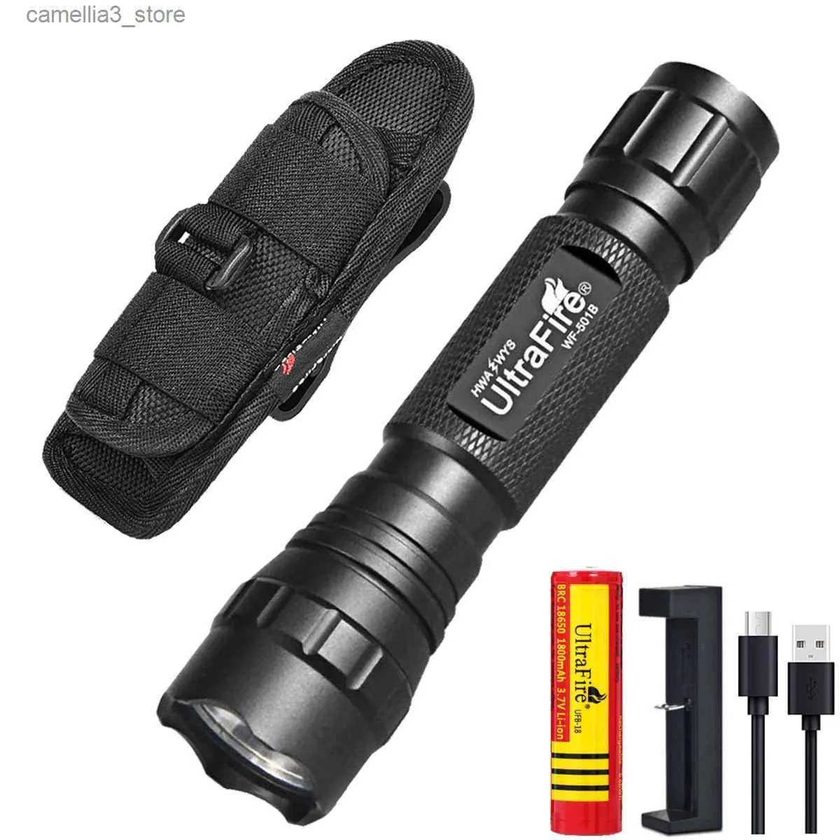 Фонари UltraFire LED Tactical 18650 501B Однорежимный фонарик 1200 люмен с чехлом для ремня безопасности Перезаряжаемая батарея и зарядное устройство Q231130
