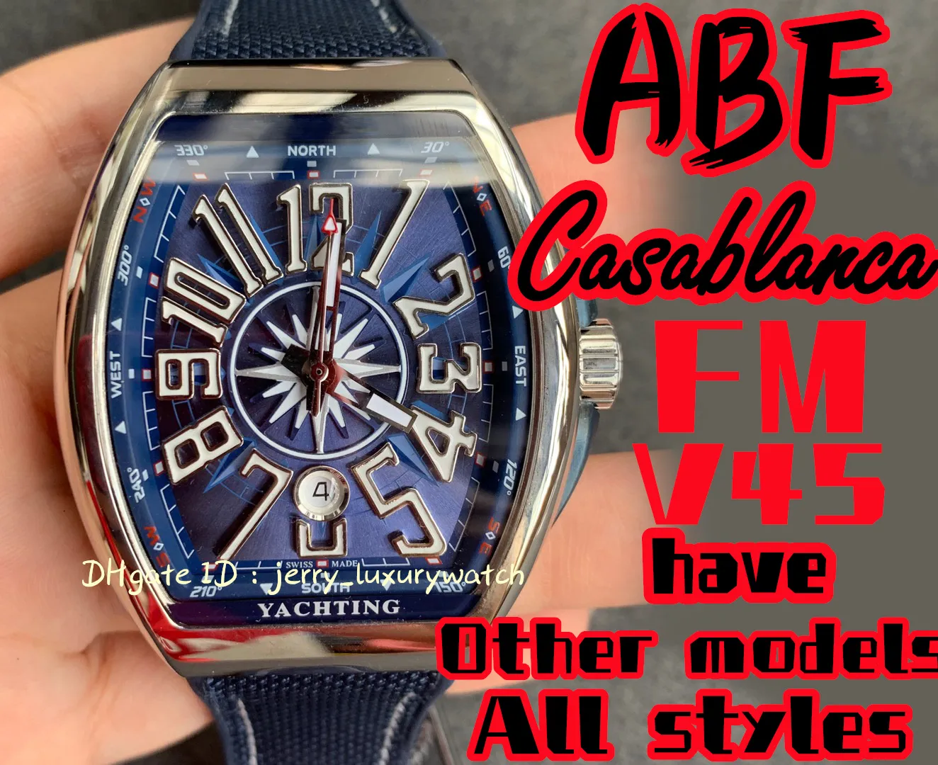 ABF/FM Vanguard Yachting V45, 44x54mm Sapphire Crystal Glass ETA2824 Ruch mechaniczny, pasek gumowy premium, wersja inkrustowana diamentami niebieski