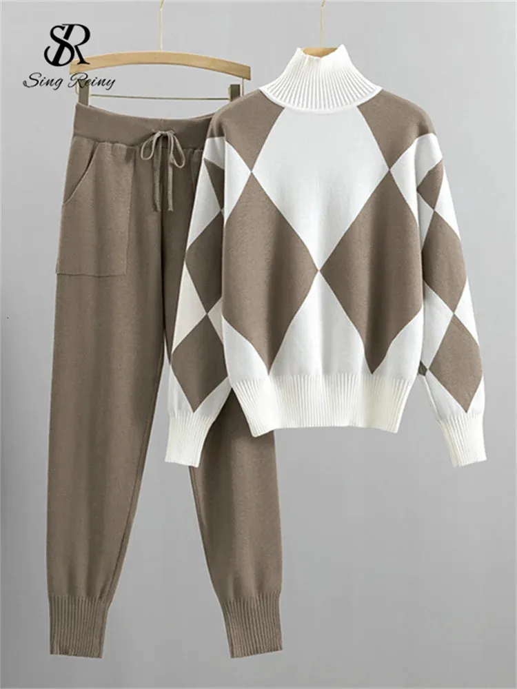 Pantalon deux pièces pour femmes SingREINY ensemble tricoté avec pull uni demi-cou et cordon de serrage crayon pull de mode d'hiver 231129