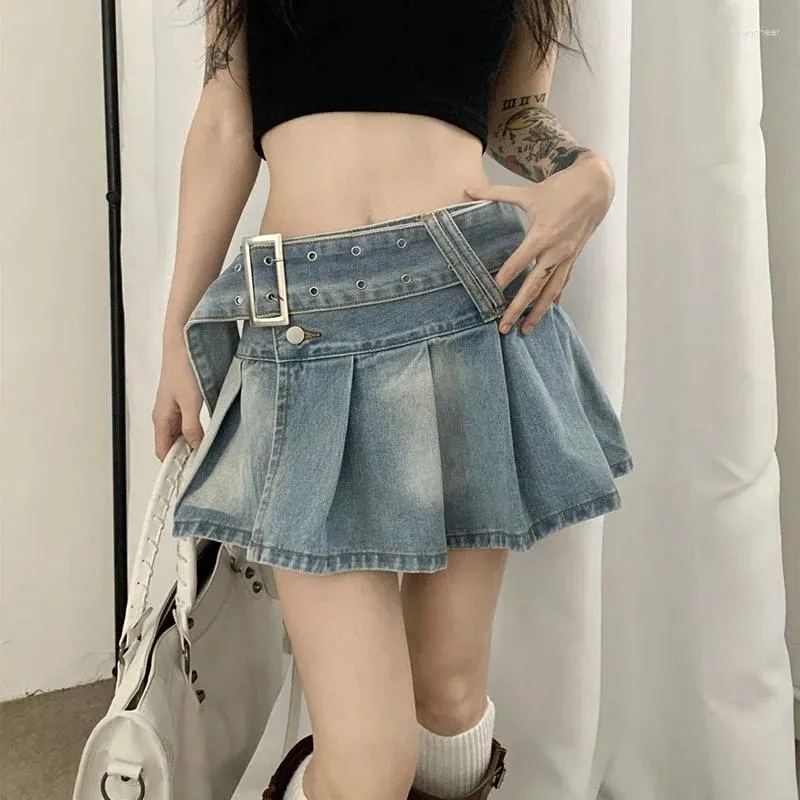 Gonne moda coreana Y2k gonna di jeans mini per le donne estate 2023 in Kawaii Harajuku increspato pieghettato E-girl a vita alta