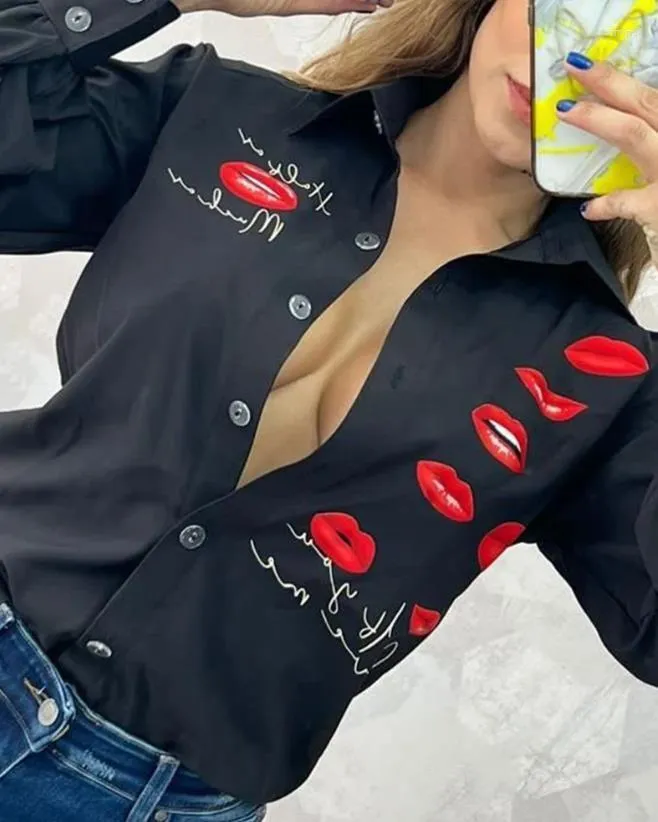 Женские блузские блузки пригородной рубашка с длинным рукавом буквы Lip Print Design 2023 Летняя европейская американская ежедневная мода