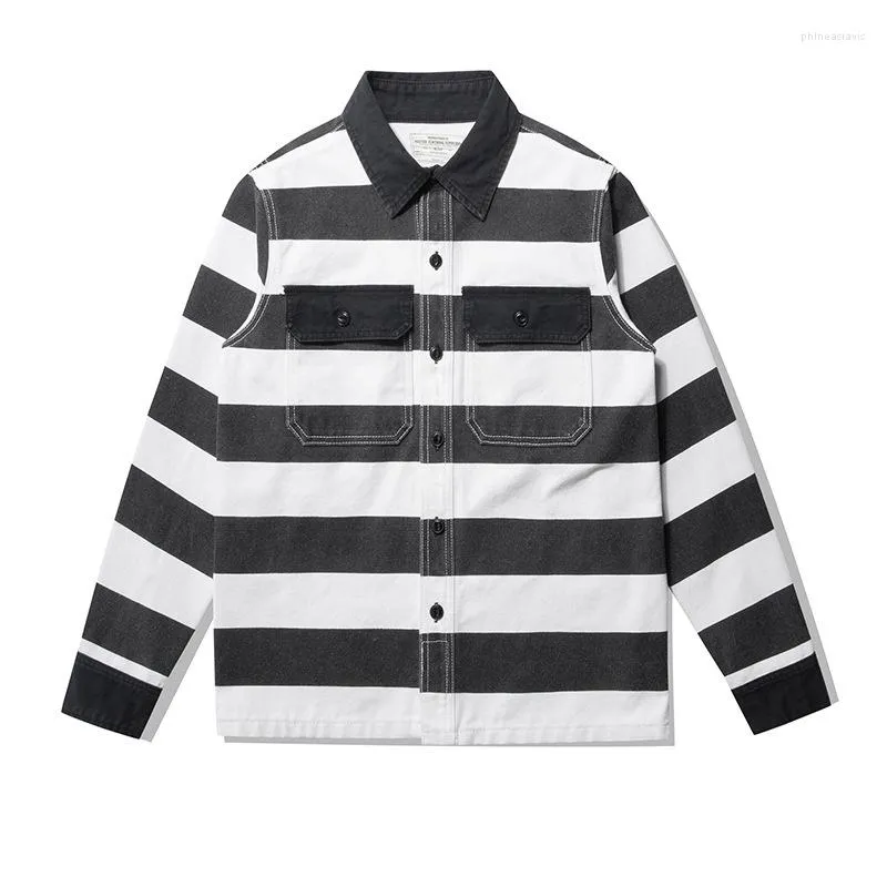 Men's Jackets Men's Striped Jacket Canvas Thick Prisoners Motorcycle Style Autumn Spring Outfit
