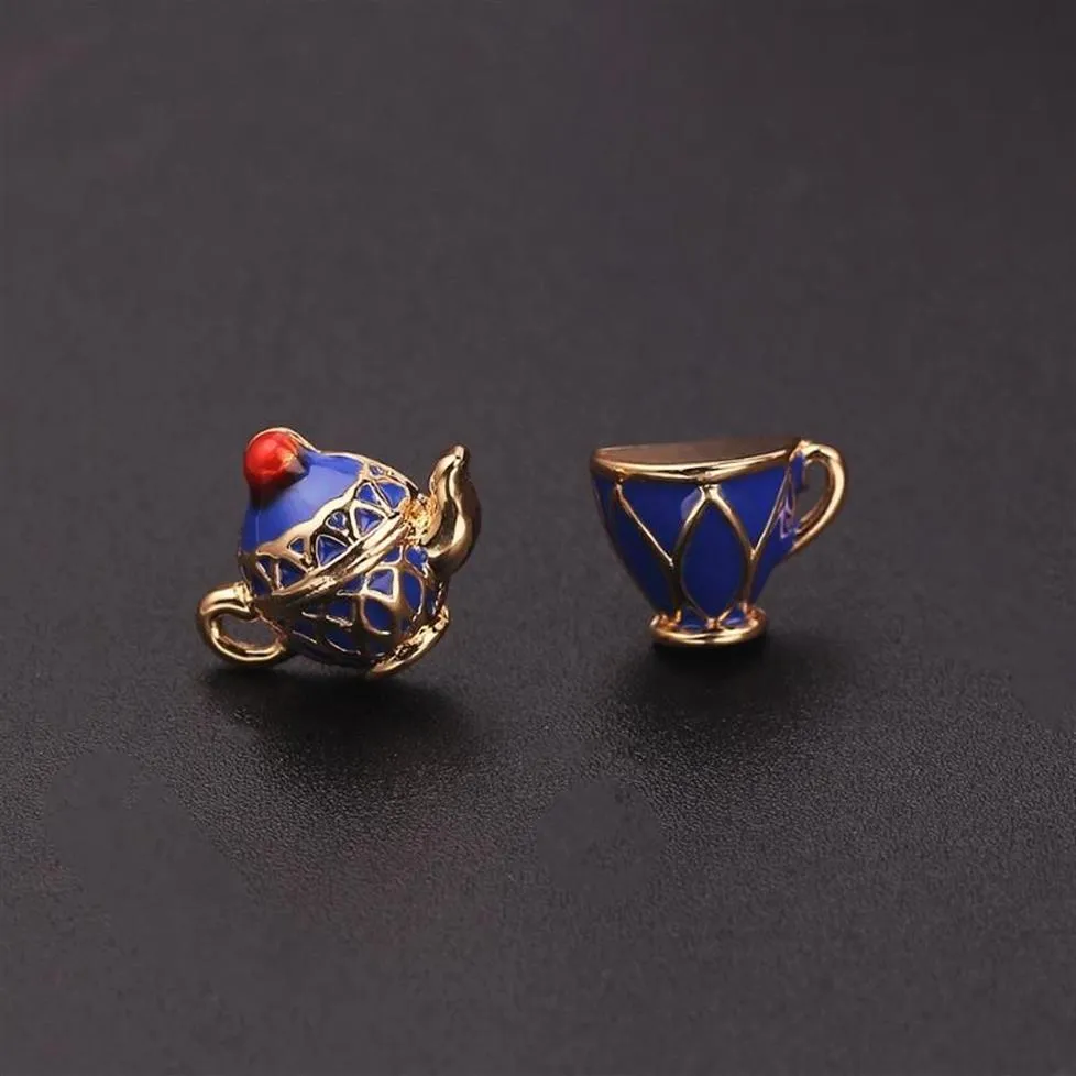 Stud 10 pçs / lote vintage colorido esmalte bule teacup mulheres brincos de alta qualidade cor de ouro latão assimétrico earring318l