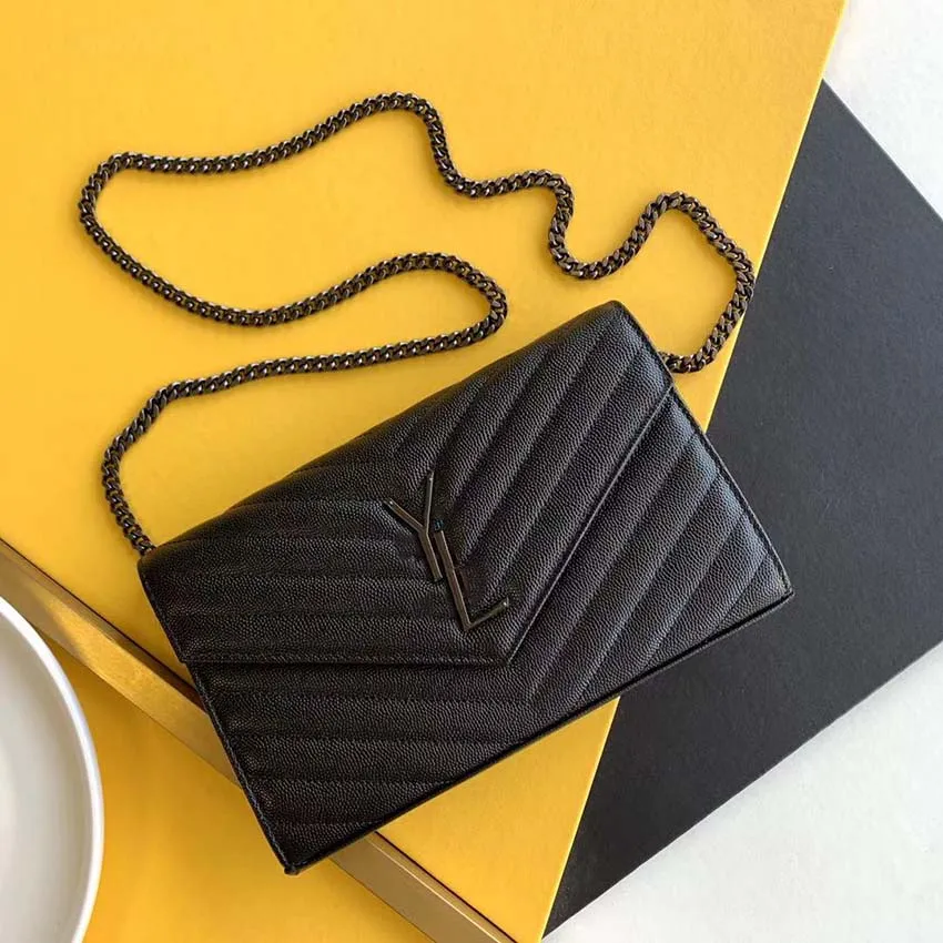 Designer Genuine Leather Little Black Evening Bag With Caviar Quilted Detailing And Chain