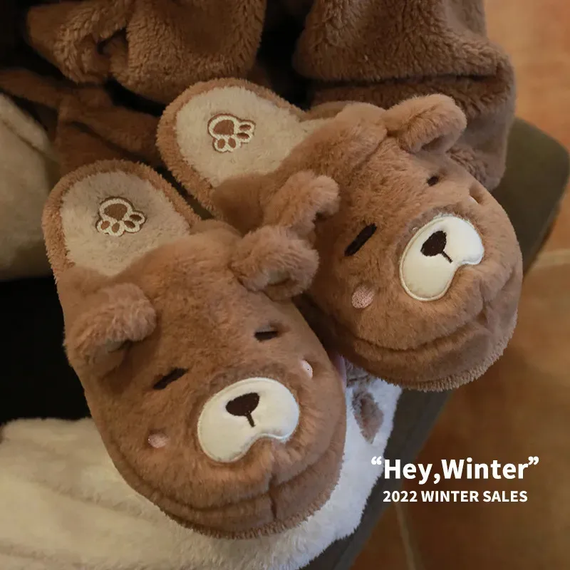 Slippers Cartoon Bear Slipper for Women Winter Indoor Warm Faux Fur Shoes Flip Flops Cute Animals Plush Platform Ladies Home Slippers 231130