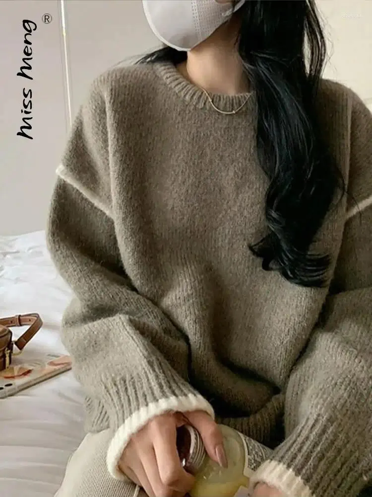 Frauen Pullover Koreanische Frau Pullover Lose Pullover Patchwork Oansatz Flauschigen Vintage Jumper Top Herbst Winter Casual Warme Weibliche Chic