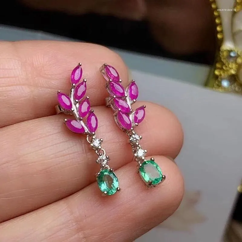 Boucles d'oreilles pendantes émeraude naturelle avec pierre rubis véritable argent 925 bijoux de luxe créateur or 14 carats