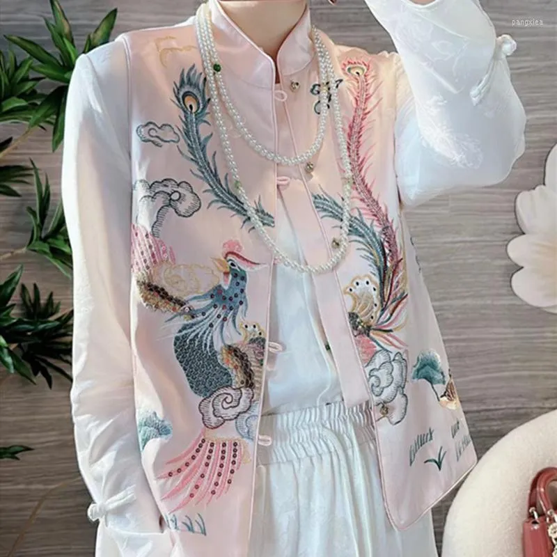女性のベスト2023ハイエンドの酢酸中国のタングスーツベスト女性レトロヘビーフェニックス刺繍スタンドカラーノースリーブジャケットアウターウェア