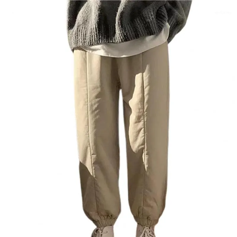 Erkek pantolon artı boy erkekler sıcak peluş orta bel ayak bileği bantlı düz renkli kış pantolonları genç için şık