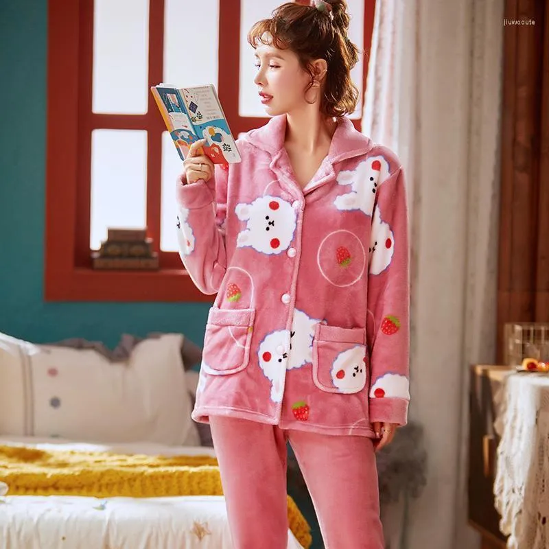 Kadın pijama flanel kış pijamaları seks seti kadın karikatür pijama düğmesi tam kılıf gömlek pantolon kalın sıcak ev kıyafeti