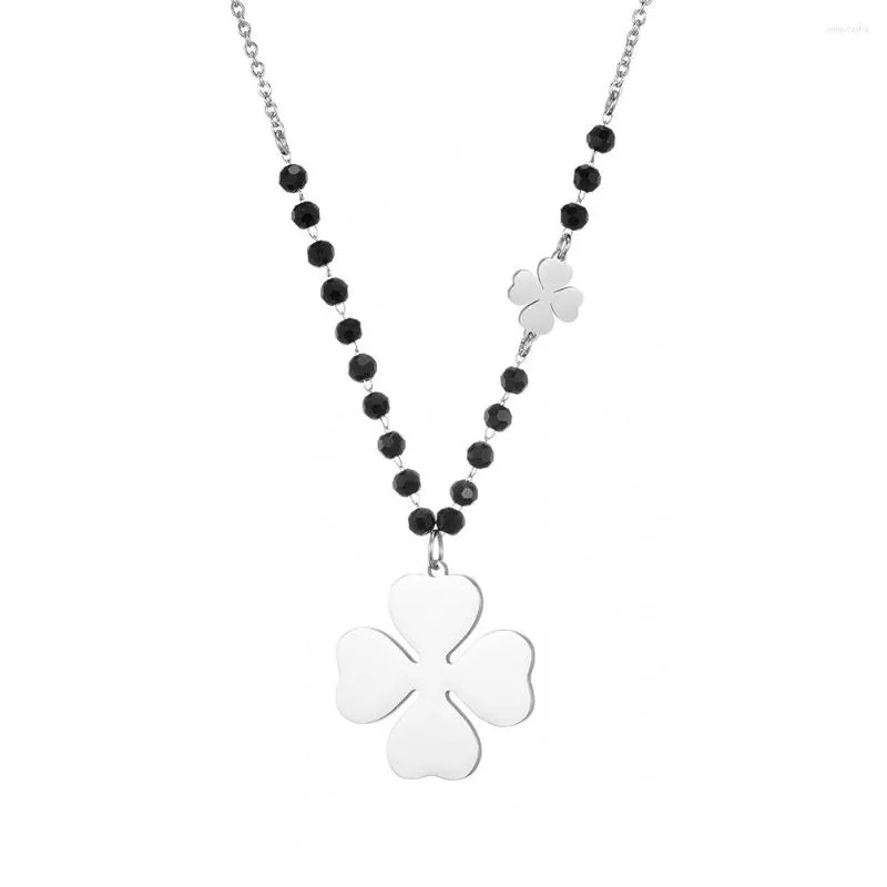 Pendant Necklaces Stainless Steel Clover Heart Tree Of Life For Women Accessories Black Crystal Chain Bohemian Jewelry