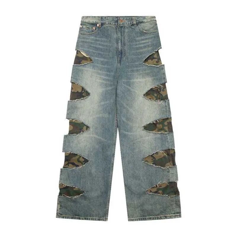 Kvinnors byxor capris hög version b Paris knivskuren hål kamouflage dubbel skiktade jeans trend casual lösa mäns och kvinnor långa byxor ins xlwz