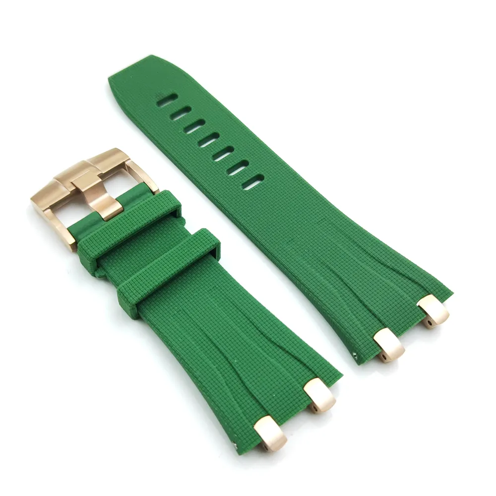 30mm Dark Green Rubber Band 24mm Tang Buckle Silver Steel Connector Strap for AP Royal Oak Offshore 44mm