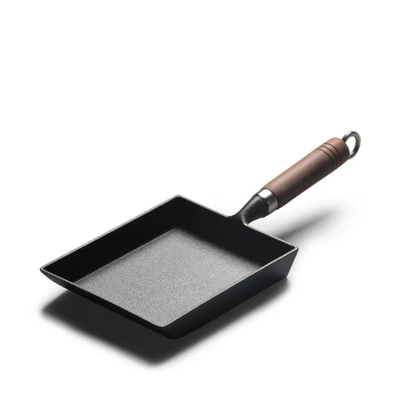 Pannor 1pc non-stick omelette Pan Japanese Egg Rectangle Stek med trähandelskruka för gasinduktionskokarkokare