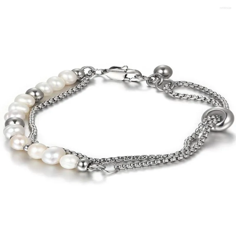 Braccialetti con ciondoli Bracciale in nastro di acciaio inossidabile Catena con perline rotonde Perla artificiale Chiusura a moschettone Gioielli di tendenza alla moda Regalo per ragazza