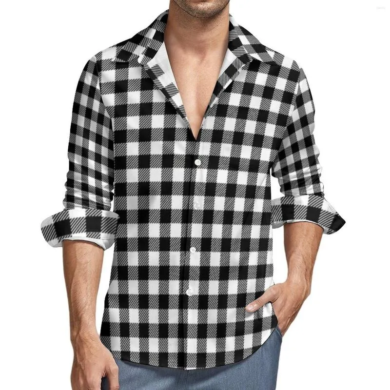 メンズカジュアルシャツレトロチェッカーボード男性黒と白の格子縞のシャツ長袖クールな面白いブラウススプリンググラフィックトッププラスサイズ