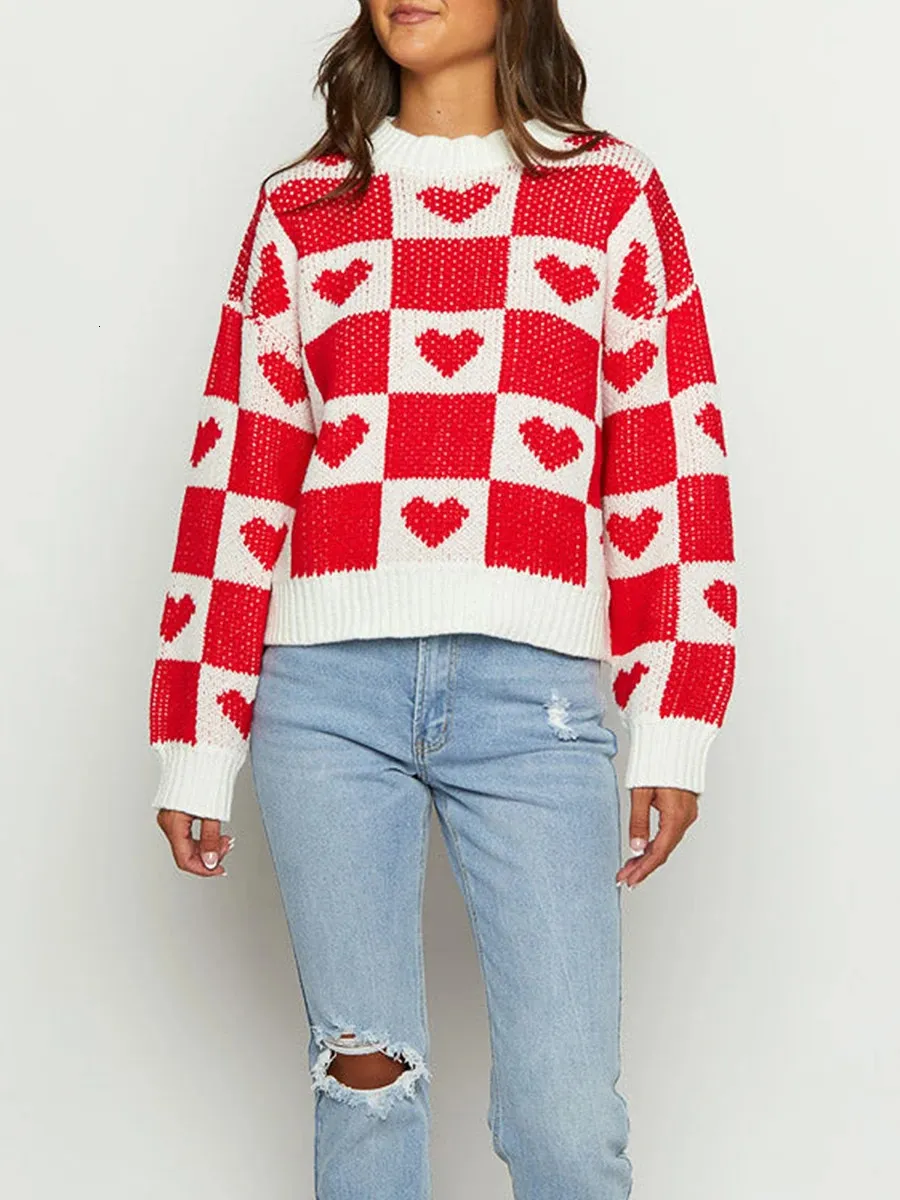 Women's Sweaters Women s Valentine s Day Checker Heart Print Sweaters Long Sleeve Pullover Crew Neck Knit Tops Fall Winter Clothes 231127