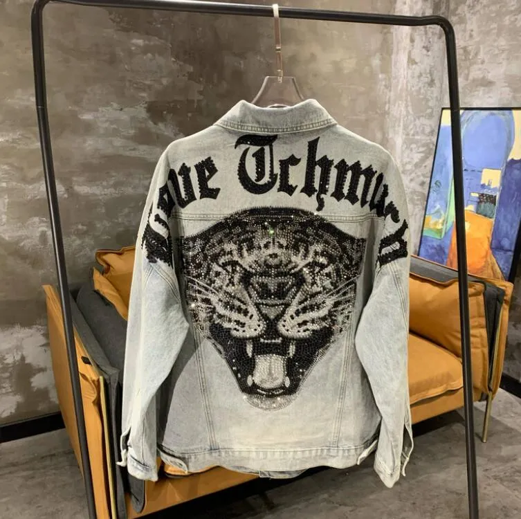 Marque à la mode Tiger Head Denim Jacket Leopard Ruffian Handsome Heavy Industry Hot Diamond Vestes pour hommes et femmes Trendy Cool Street Clothing