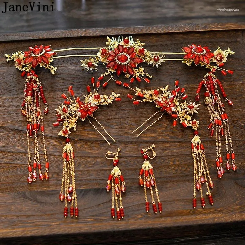 JaneVini – pinces à cheveux classiques chinoises faites à la main, boucles d'oreilles couronne, fleurs rouges anciennes, épingles à cheveux, accessoires de mariage perlés