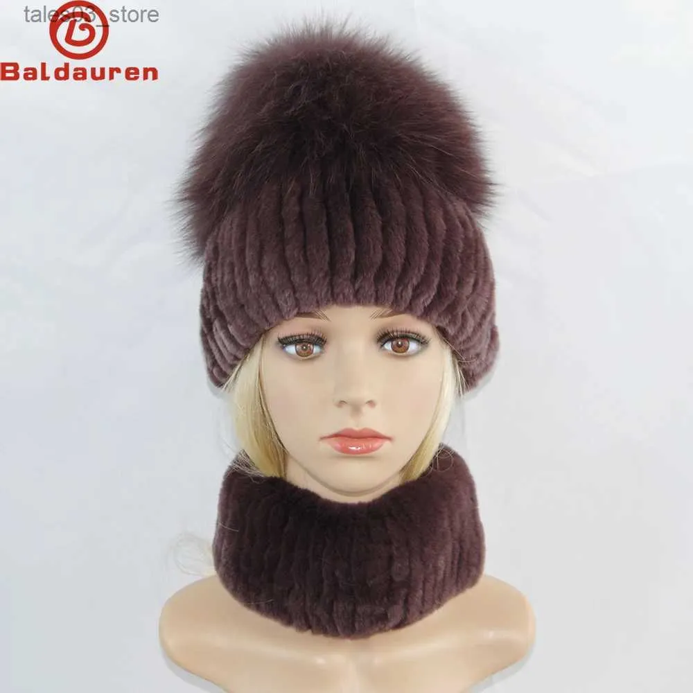 Beanie / Skull Caps 2023 Inverno Mulheres Luxo Real Rex Rabbit Fur Chapéu Cachecol 2 Peças Malha Rex Rabbit Fur Hat Top Natural Fox Fur Cap Lenços Conjuntos Q231130