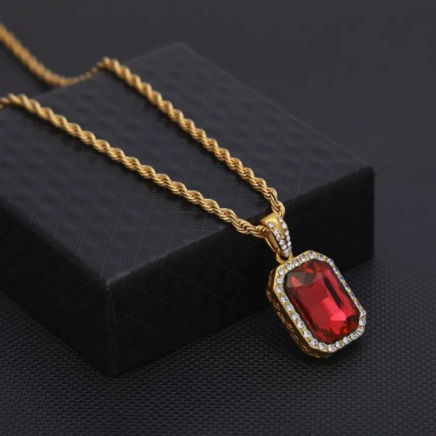 Mens Mini Ruby Pendant Necklace Gold Cuban Link Chain Fashion Hip Hop Necklaces Jewelry for Men244c