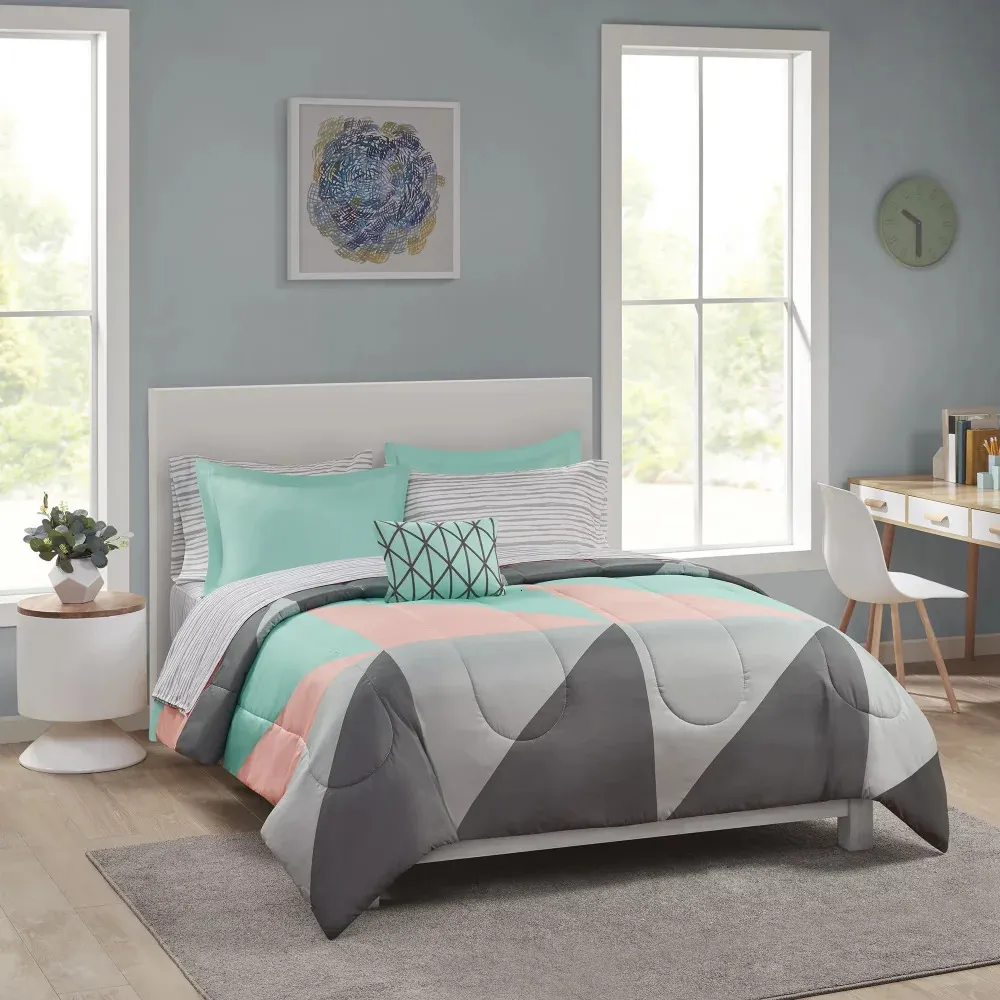 Bedding sets Mainstays Gray and Teal Geometric 8 Piece Bed in a Bag Comforter Set With Sheets Full 231129